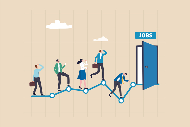 Unemployment rate or hiring position statistics or forecast, economy growth or recession, new worker or corporate job concept, business people queue in line on unemployment graph diagram applying job. iStock